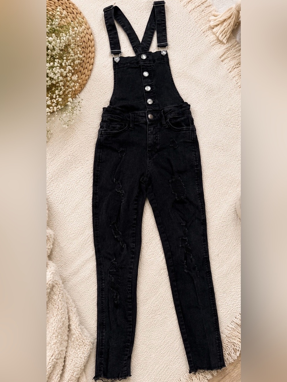 Black Distressed Denim Overalls - Women's Jeans